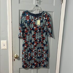 Anthropologie Sheath Dress Blue and Red Midi